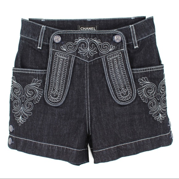 CHANEL Embroidered Denim Side Button Cuff Shorts Coco Cotton Dark White 34 US 0